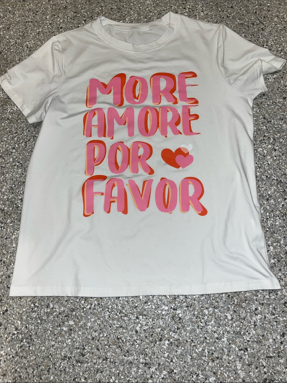 White Short Sleeve Tee with Pink & Orange 'More Amor Por Favor' Graphic